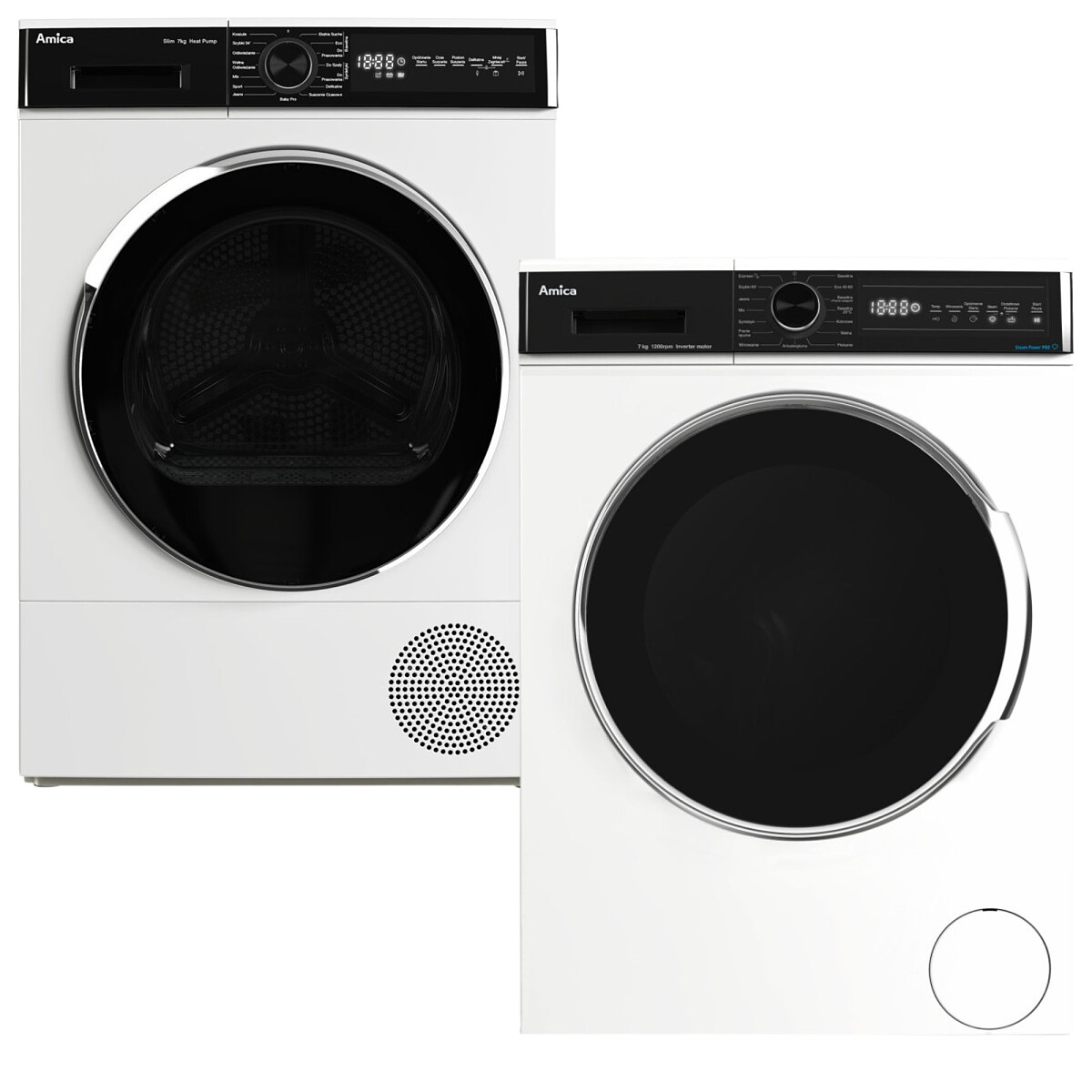 Zestaw AGD Amica Pralka WA3S712BLiSHB 7kg SteamPower Pro Slim + Suszarka AD3S72LHB (E) 7kg Pompa ciepła DrySensor Slim
