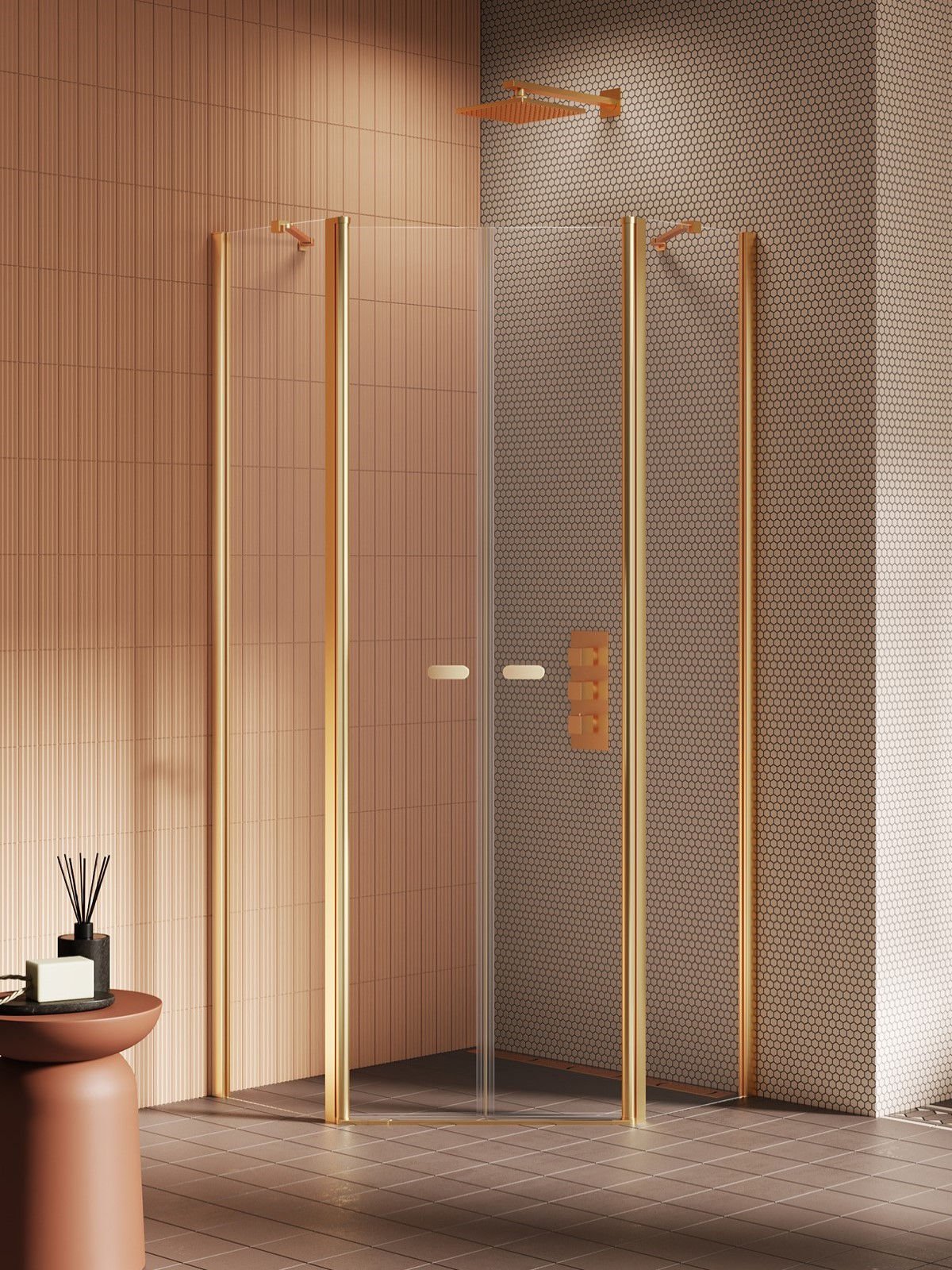 New Trendy Kabina New Soleo 100x80 pięciokątna asymetryczna gold brushed transparentne K-3587