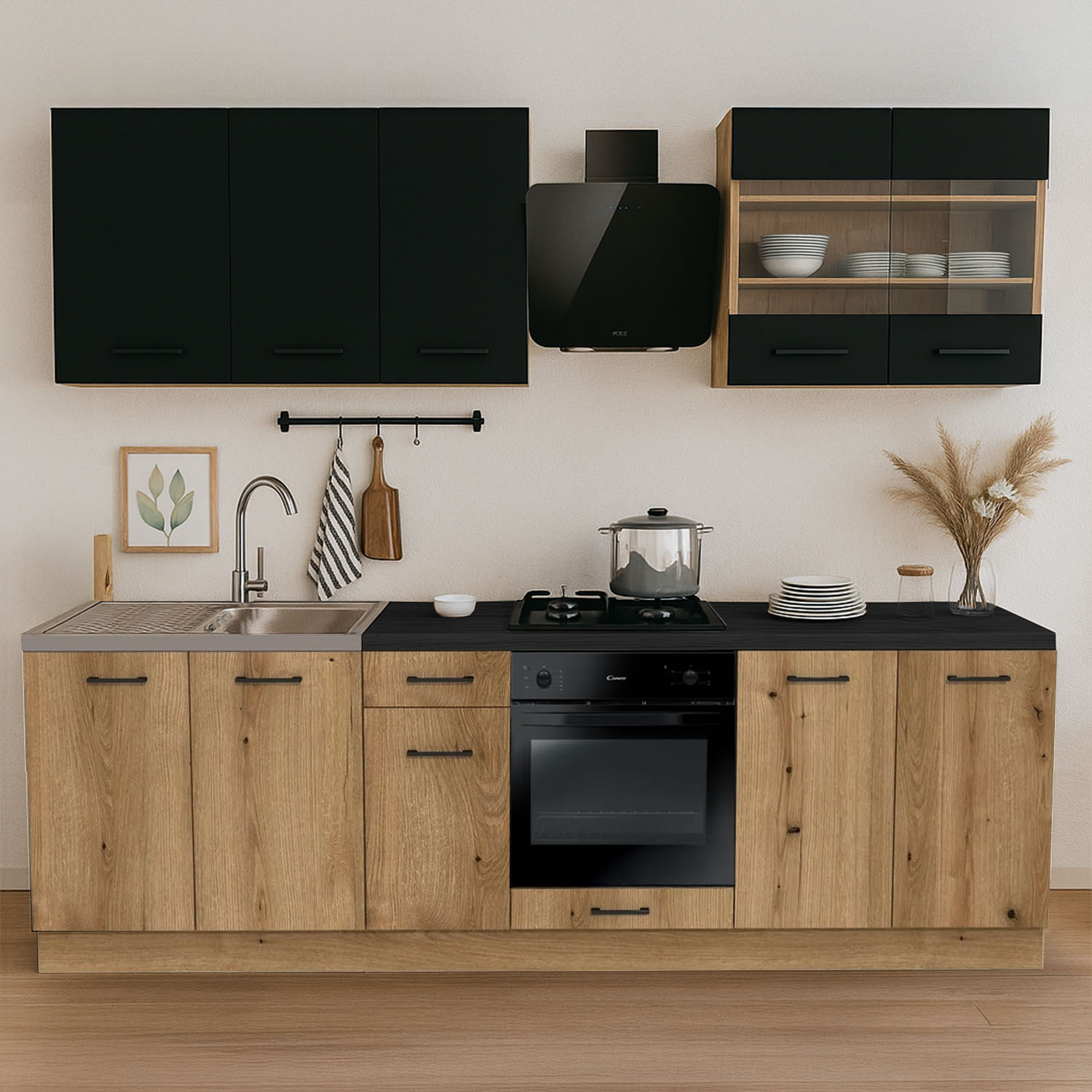 Zestaw Mebli Kuchennych MODERN 260 cm Dąb Evoke/Czarny Loftowy