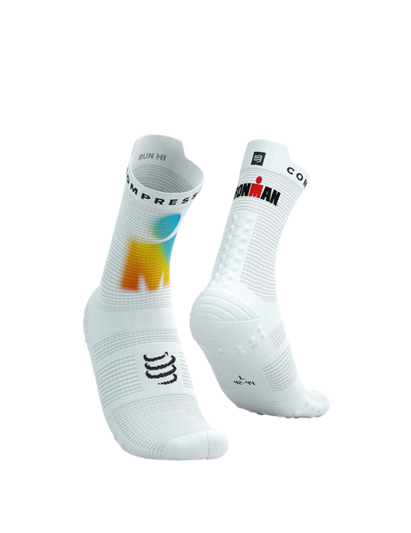 COMPRESSPORT Skarpetki do biegania wysokie PRORACING SOCKS V4 RUN HIGH IRONMAN 2025 white/sunrise