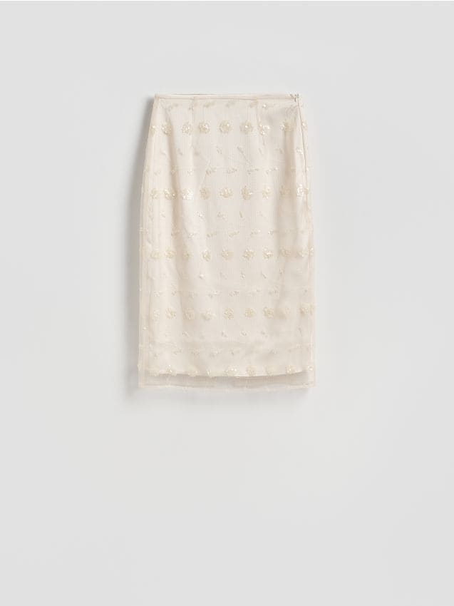 Reserved - Spódnica midi z cekinami - złamana biel