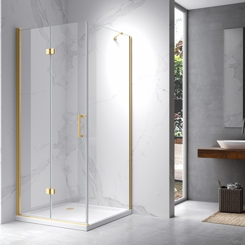 HYDROSAN Kabina prysznicowa kwadratowa narożna 100x100x195 drzwi pojedyncze składane złota szkło transparentne uniwersalna z powłoką Nano Glass ZES-KZ20D-GL-100