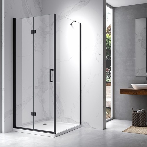 HYDROSAN Kabina prysznicowa kwadratowa narożna 100x100x195 drzwi pojedyncze składane czarna szkło transparentne uniwersalna z powłoką Nano Glass ZES-KZ20D-BL-100