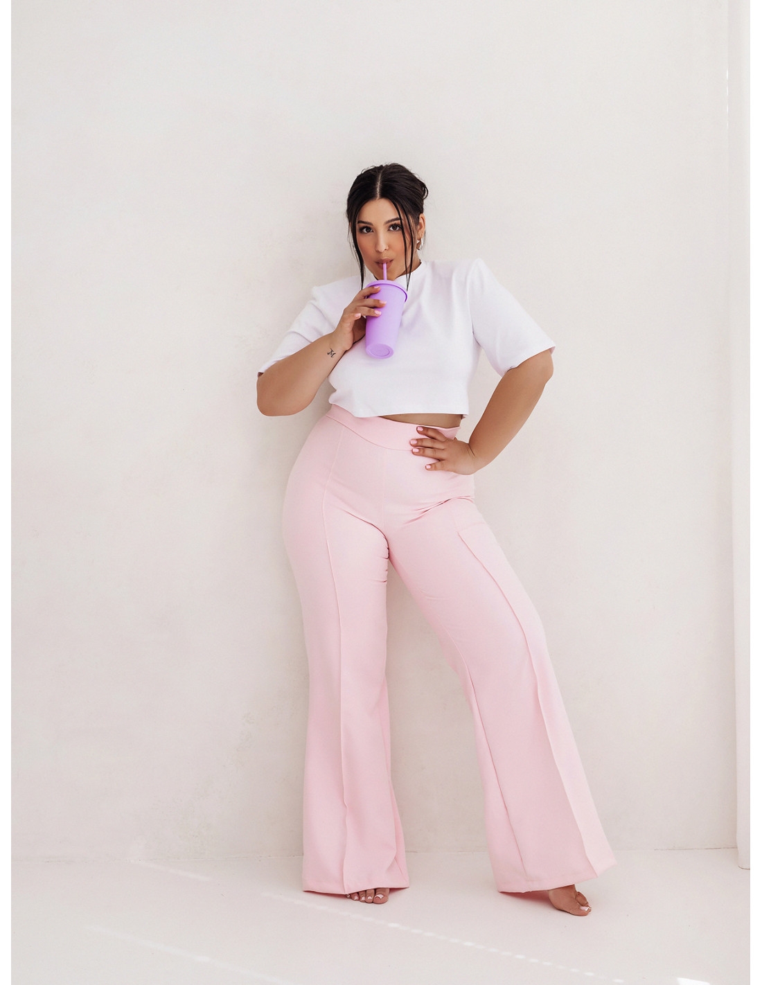 WP eleganckie szerokie spodnie plus size - pudrowy róż