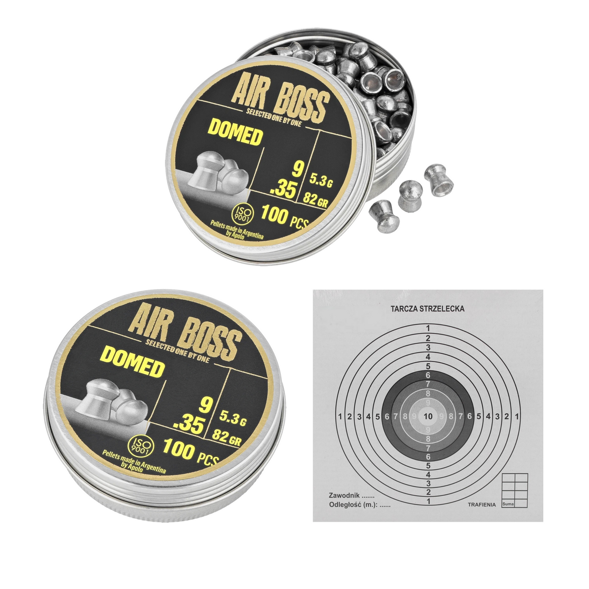 Zestaw dwóch opakowań Śrut Apolo Air Boss Domed 9 mm, 100 szt. 5.30g/82.0gr i Tarcze strzeleckie Sharg 140x140mm 50szt