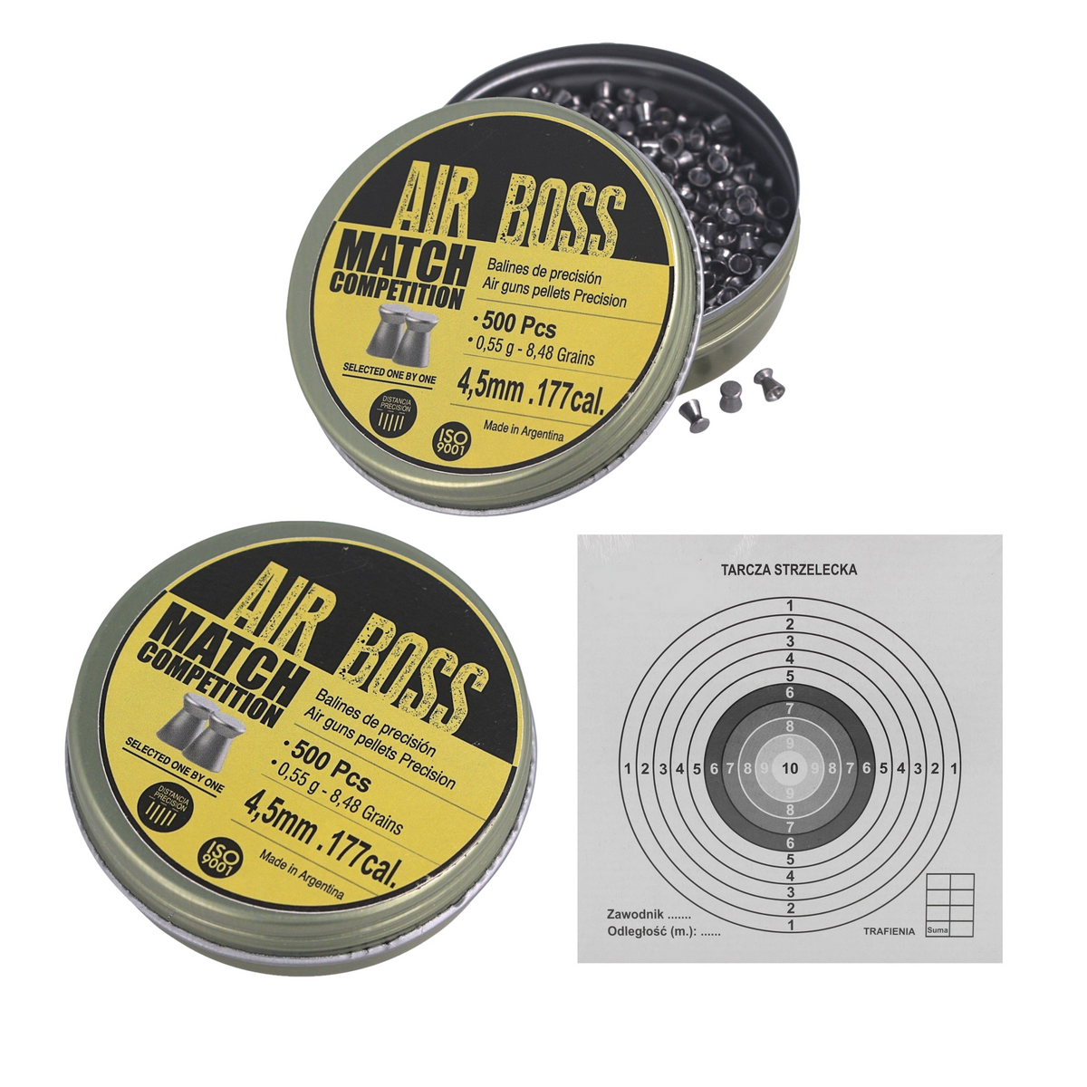 Zestaw dwóch opakowań Śrut Apolo Air Boss Match Competition 4.5 mm, 500 szt. 0.55g/8.48gr i Tarcze strzeleckie Sharg 140x140mm 50szt