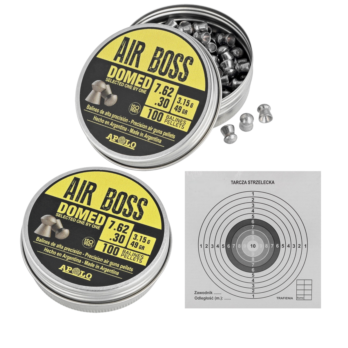Zestaw dwóch opakowań Śrut Apolo Air Boss Domed 7.62 mm, 100 szt. 3.15g/49.0gr i Tarcze strzeleckie Sharg 140x140mm 50szt