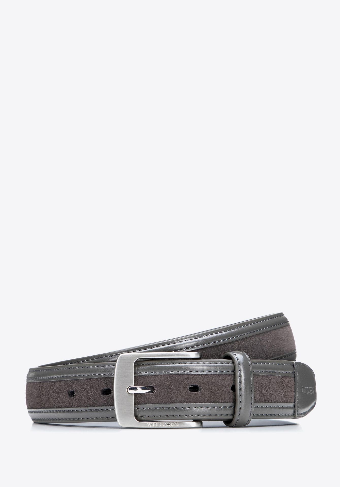 Skórzany pasek męski z połączeniem dwóch faktur szary