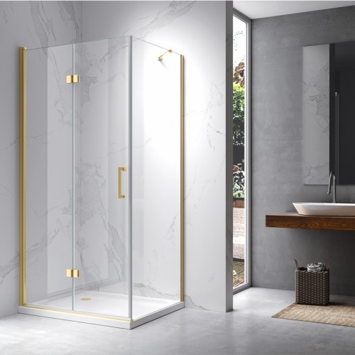 HYDROSAN Kabina prysznicowa prostokątna narożna 100x90x195 drzwi pojedyncze składane złota szkło transparentne uniwersalna z powłoką Nano Glass ZES-KZ20D-GL-100X90
