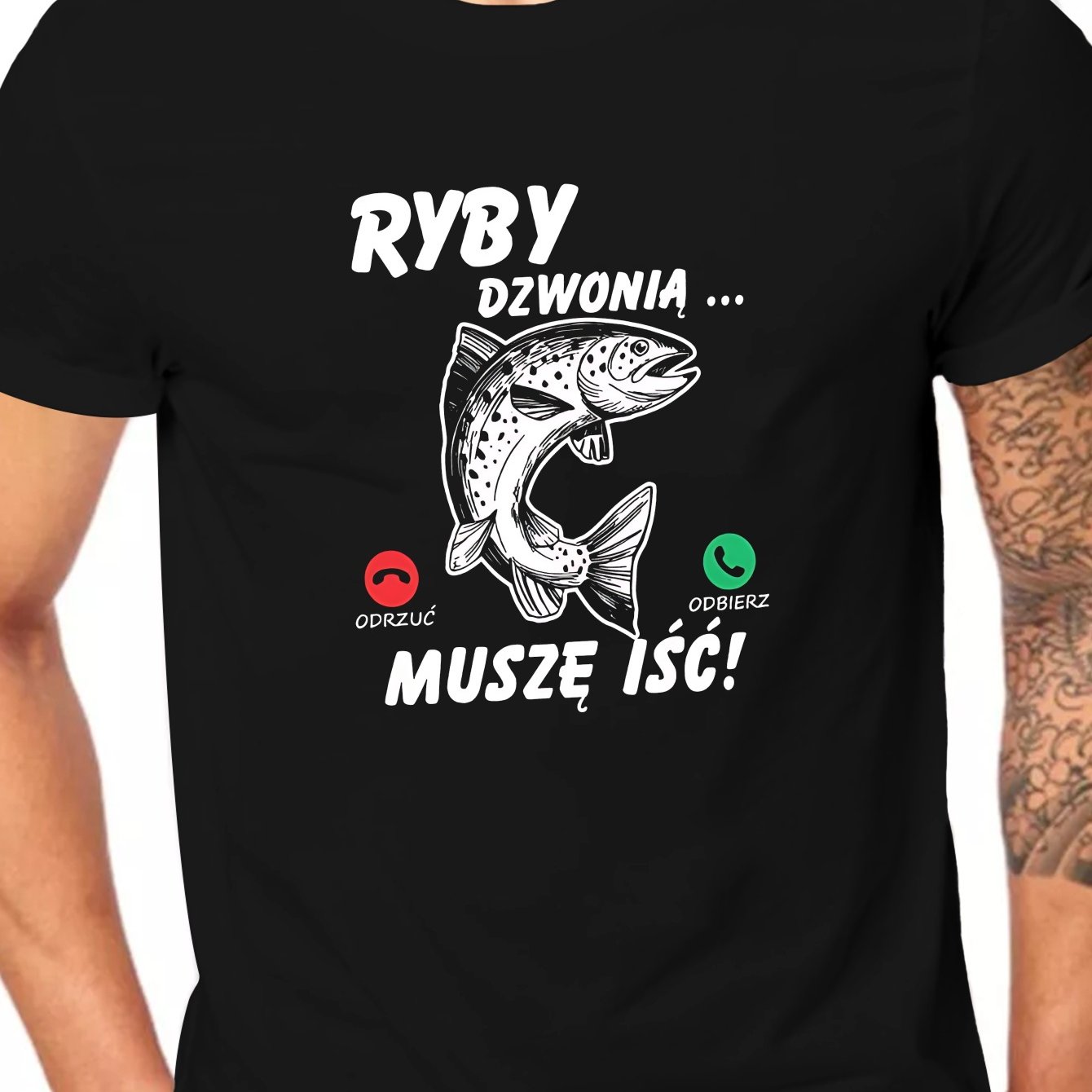 TEMU Wesoła Polska Koszulka Męska z Krótkim Rękawem - Zabawny Wzór z Rybą i Telefonem w Języku Polskim, Granatowa Casualowa Letnia Bluzka, Lekki