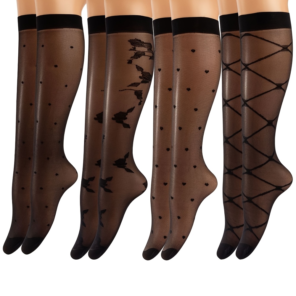 TEMU 4/8 Par Damskich Przezroczystych Skarpetek Za Kolano - Eleganckie Wzory Kwiatowe, 85% Nylonu i 15% Spandexu, Wygodne & Oddychające, Klasyczna