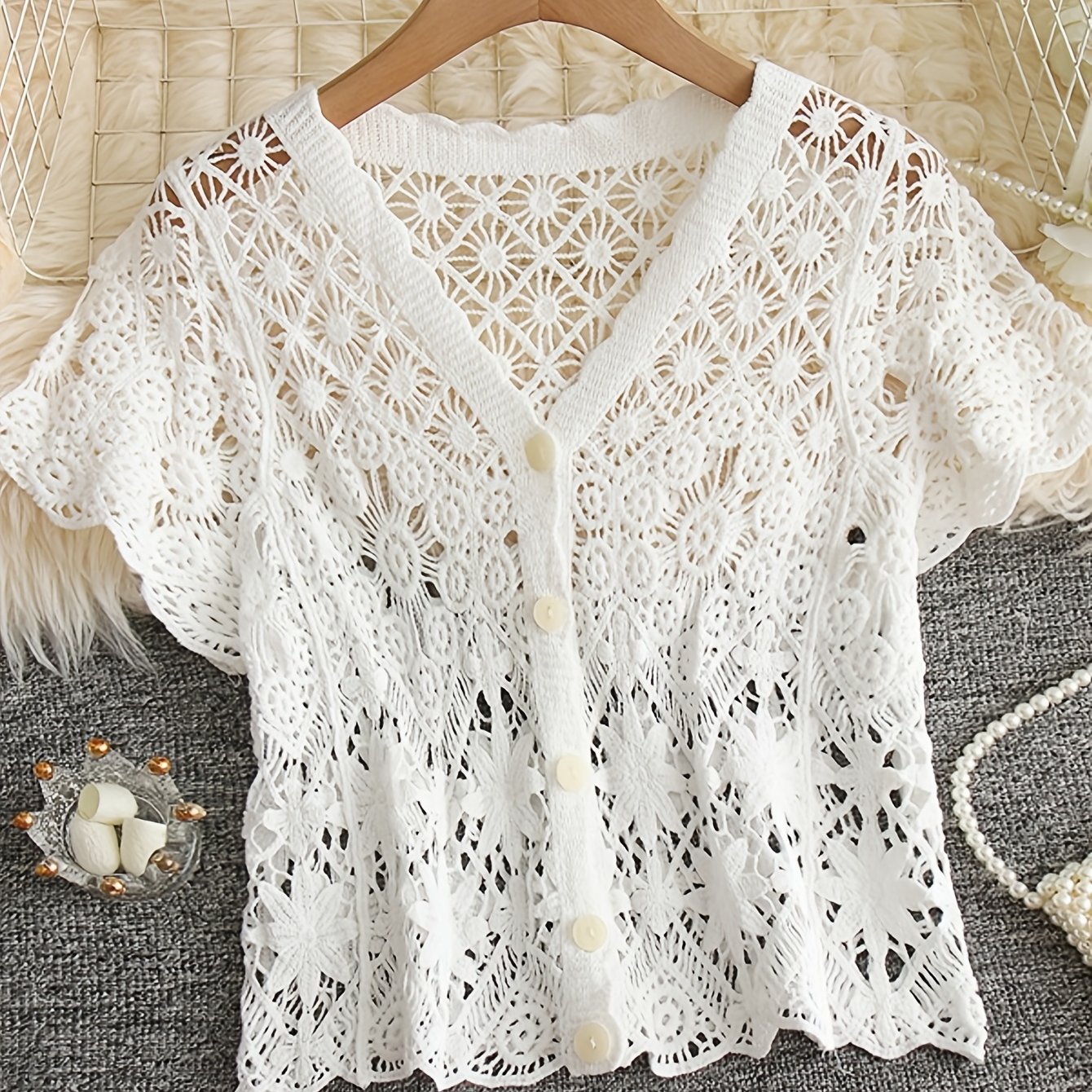 TEMU Kierunkowy wiosenno-letni casualowy słodki ażurowy kardigan w stylu boho z krótkim rękawem