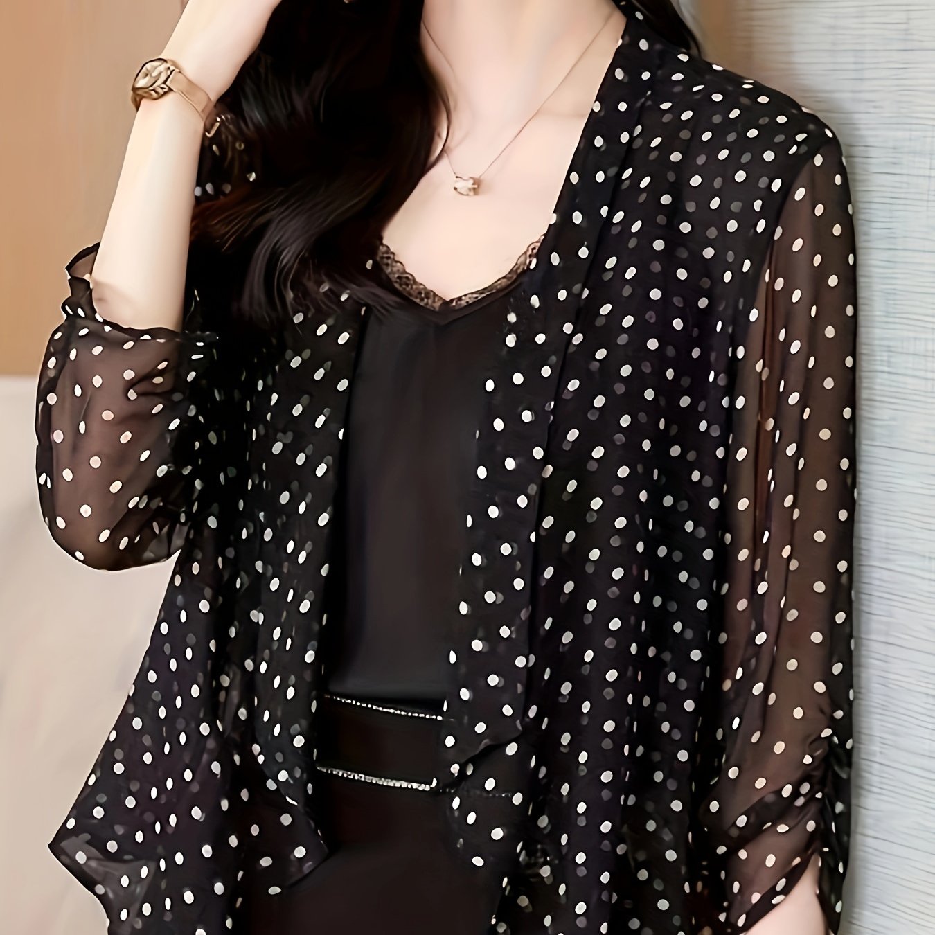 TEMU Kardigan W Kropki Z Otwartym Przodem, Swobodna Odzież Wierzchnia Z Rękawem 3/4, Odzież Damska