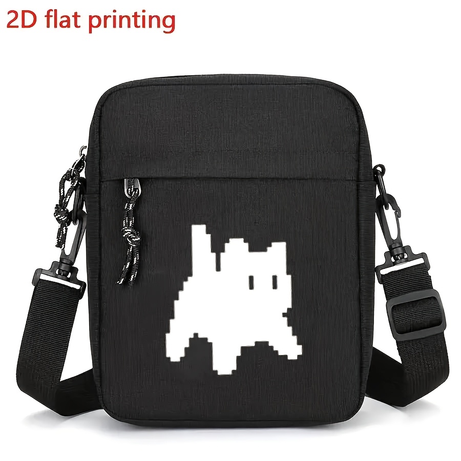 TEMU 1 szt. Czarna Torba na Ramię z Nadrukiem Pixel Cat - Lekka, Regulowany Pasek, Zamek Błyskawiczny, Wytrzymały Poliester - Unisex Codzienna Torba