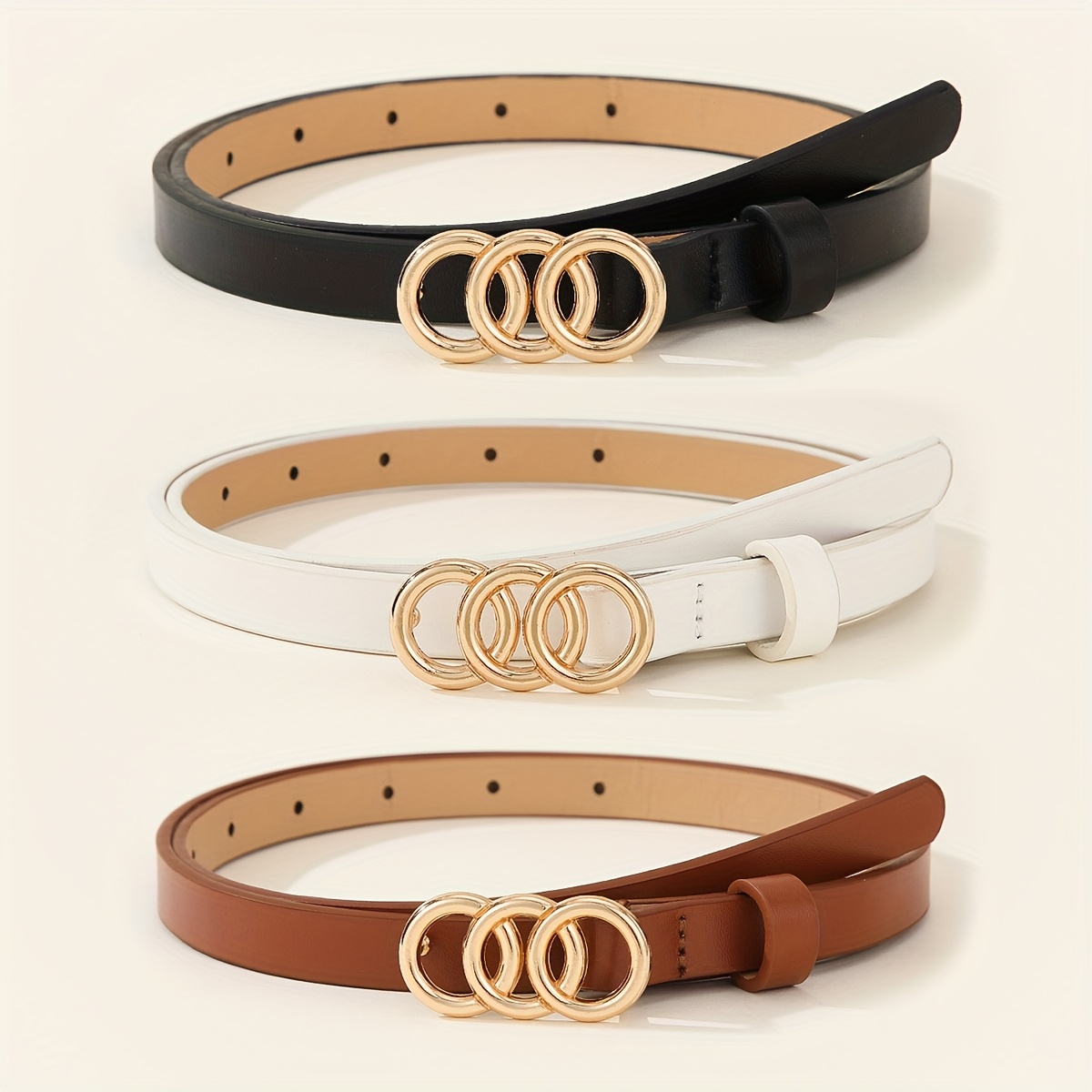 TEMU 3 szt./Zestaw Czarne, Białe, Brązowe Cienkie Paski PU, Odpowiednie na Wszystkie Sezony.