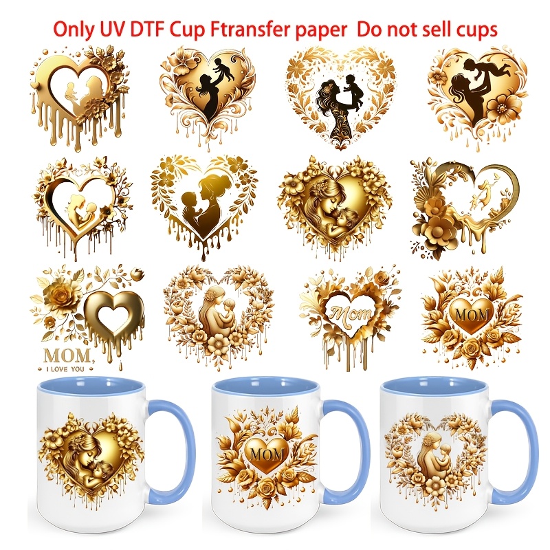 TEMU 12 szt./ złotych serduszek z motywem kwiatowym na Dzień , naklejki termotransferowe UV DTF, wzór kreskówkowy, odporne na zarysowania, winylowe