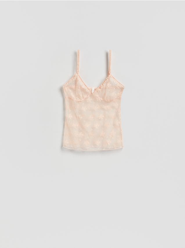 Reserved - Siateczkowy top z haftem - kremowy