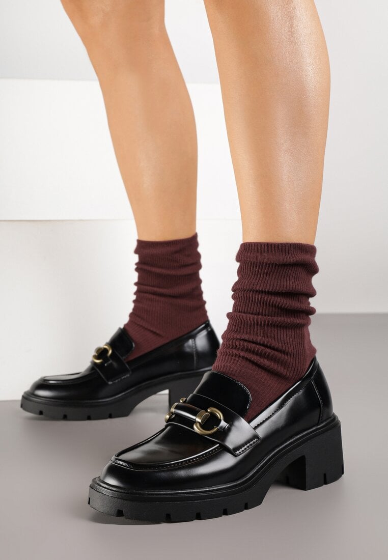 Czarne Mokasyny na Obcasie z Metaliczną Klamrą Eriste