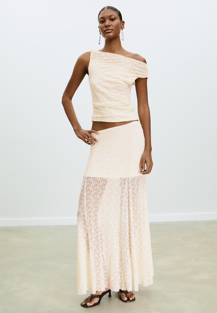 Stradivarius Koronkowa spódnica midi Ecru XS
