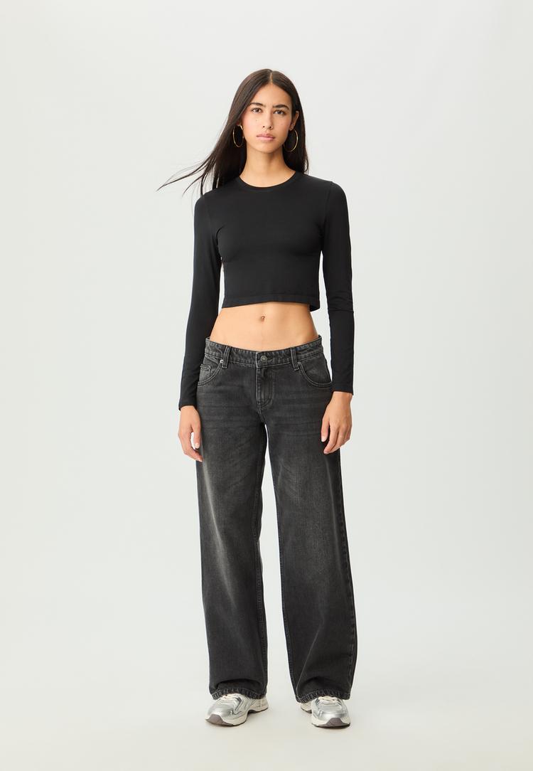 Stradivarius Dżinsy baggy ze średnim stanem CZARNY DENIM Z EFEKTEM SPRANIA 32