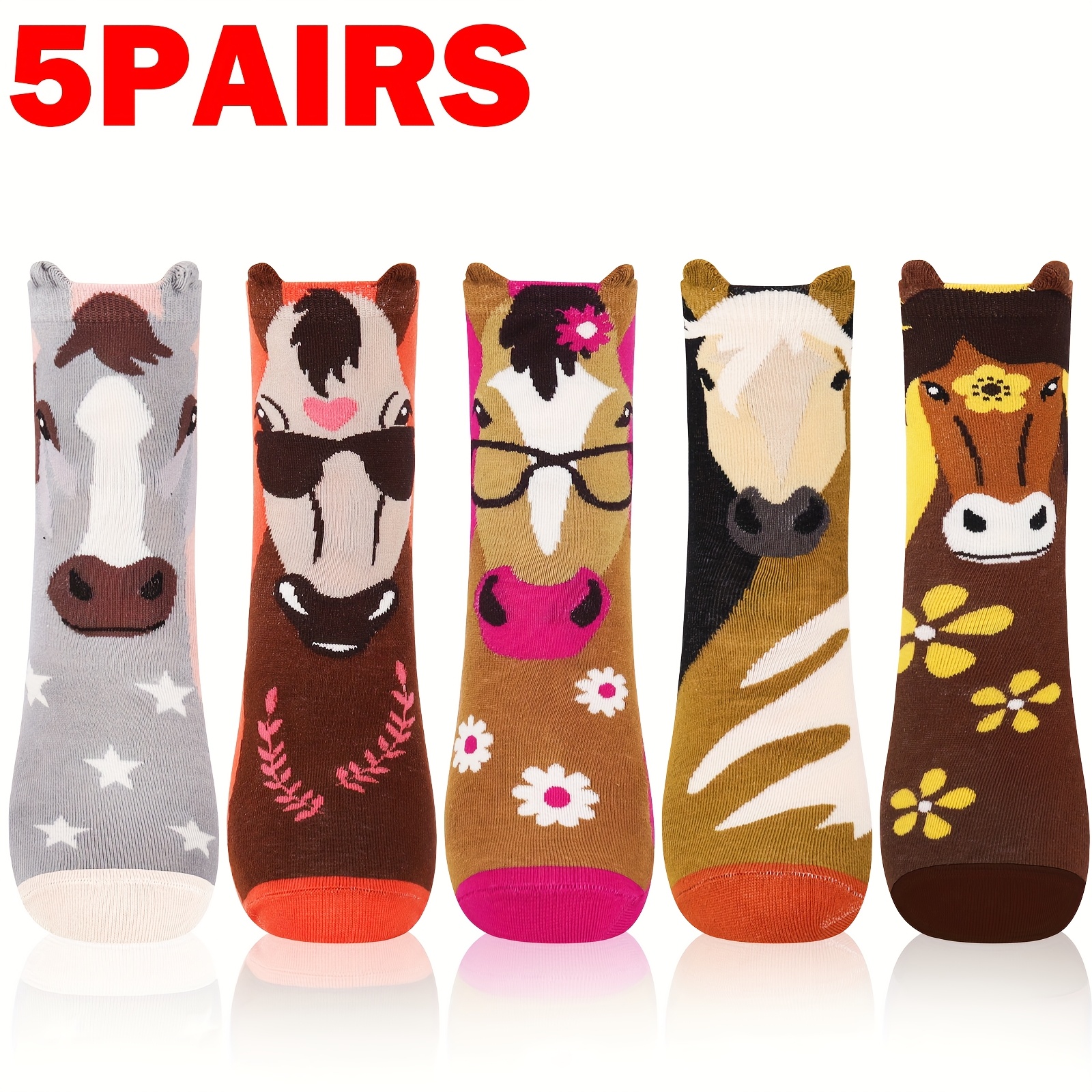 TEMU 5 par kreatywnych skarpetek z koni dla kobiet - kolorowe kreskówkowe konie, wygodne dzianinowe skarpetki na zewnątrz, idealny prezent dla