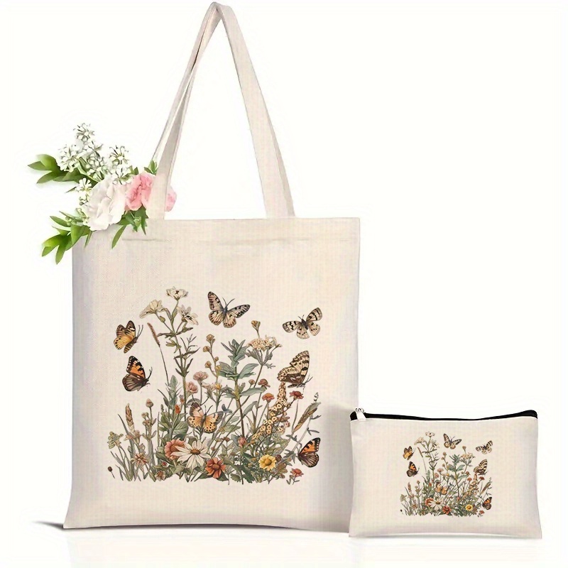 TEMU 2 szt. Torby Tote z Motywem Kwiatowym i Motylem - Wielofunkcyjne, Składane Torby na Zakupy o Dużej Pojemności z Kieszenią na Zamek, Beżowy