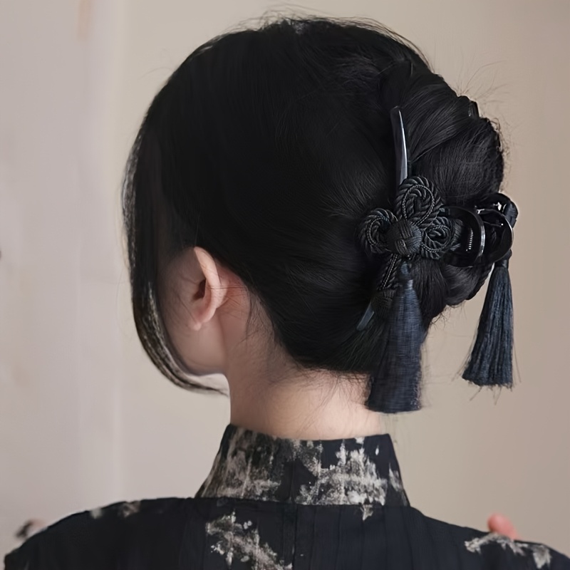 TEMU Elegancki, w stylu vintage, akrylowy klips do włosów z detalem w postaci frędzlów - tradycyjny chiński styl, czarny i zielony, idealny do
