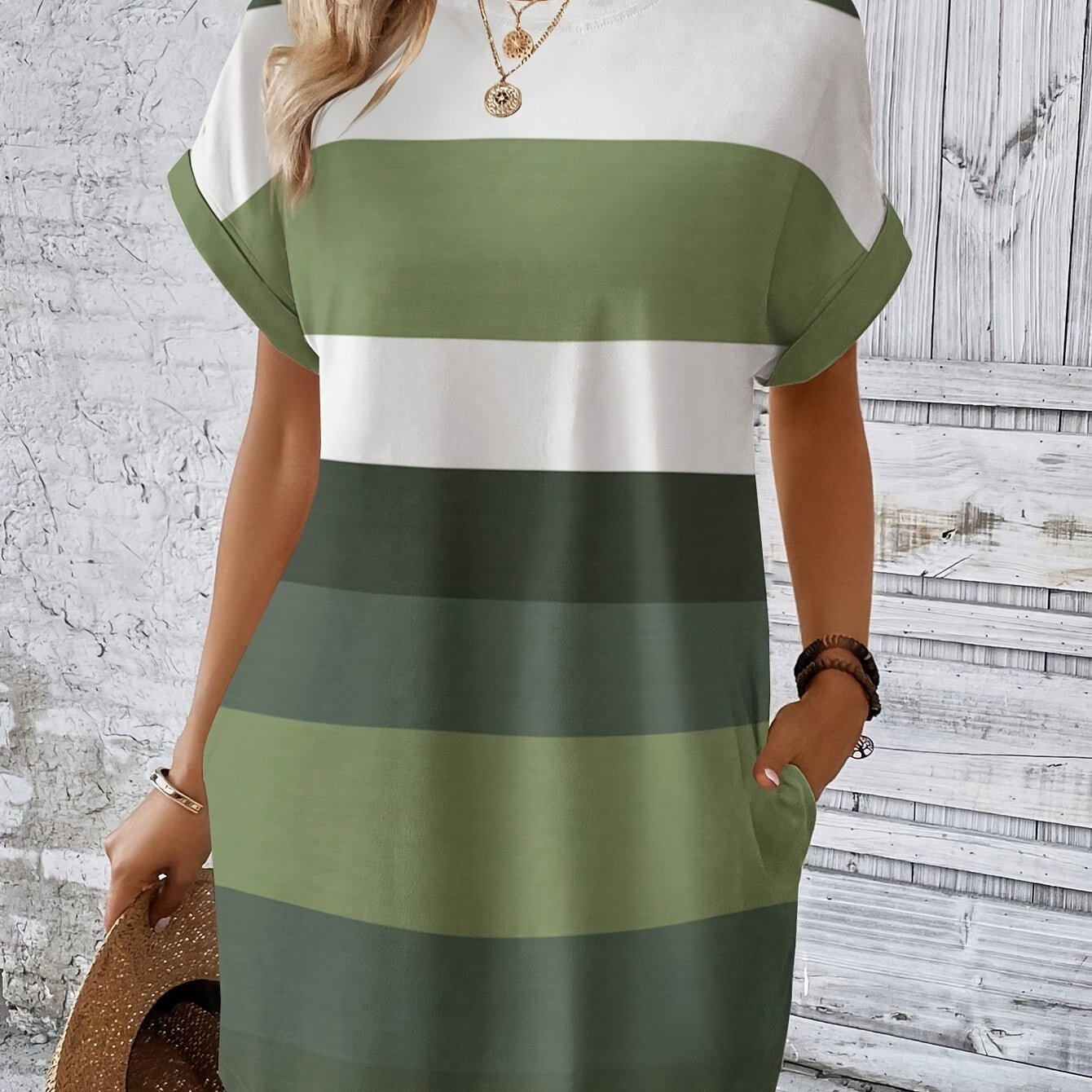 TEMU Elegancka sukienka z rękawami w kształcie skrzydła nietoperza w paski z kieszeniami - okrągły wycięcie, lekki poliestr, idealna na wiosnę/leto,