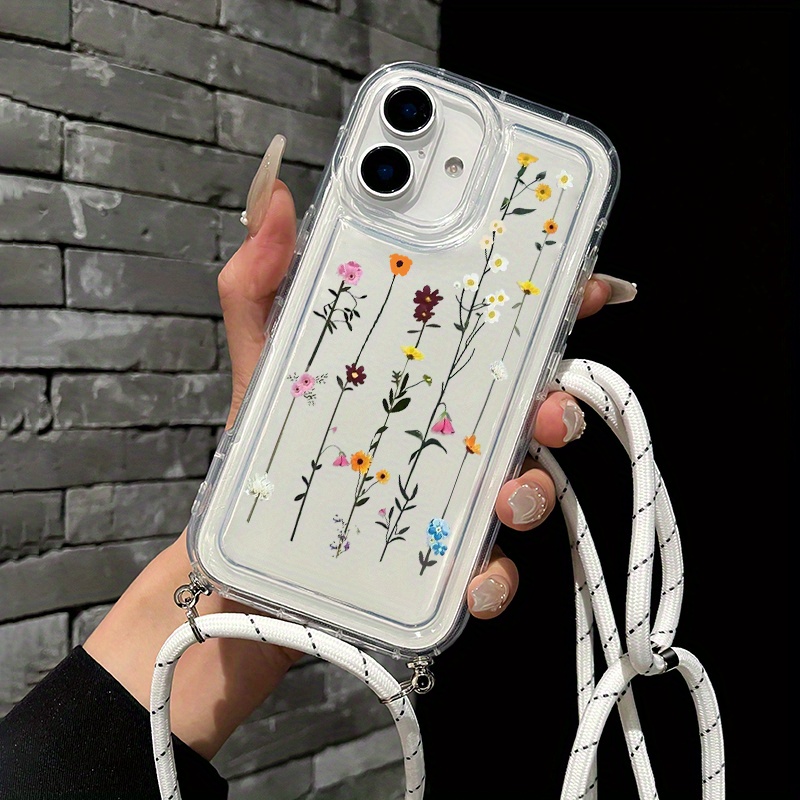 TEMU Etui na telefon z paskiem na szyję, odporne na wstrząsy, do iPhone' Pro Max, różnorodne wzory kwiatowe, etui na telefon do