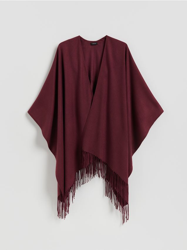 Reserved - Poncho z frędzlami - burgundowy