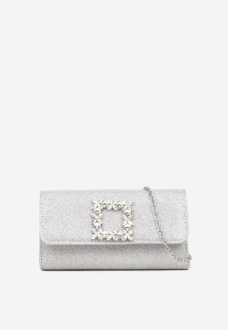 Srebrna Torebka Kopertówka z Łańcuszkiem i Aplikacją w Kształcie Klamry Ahenli