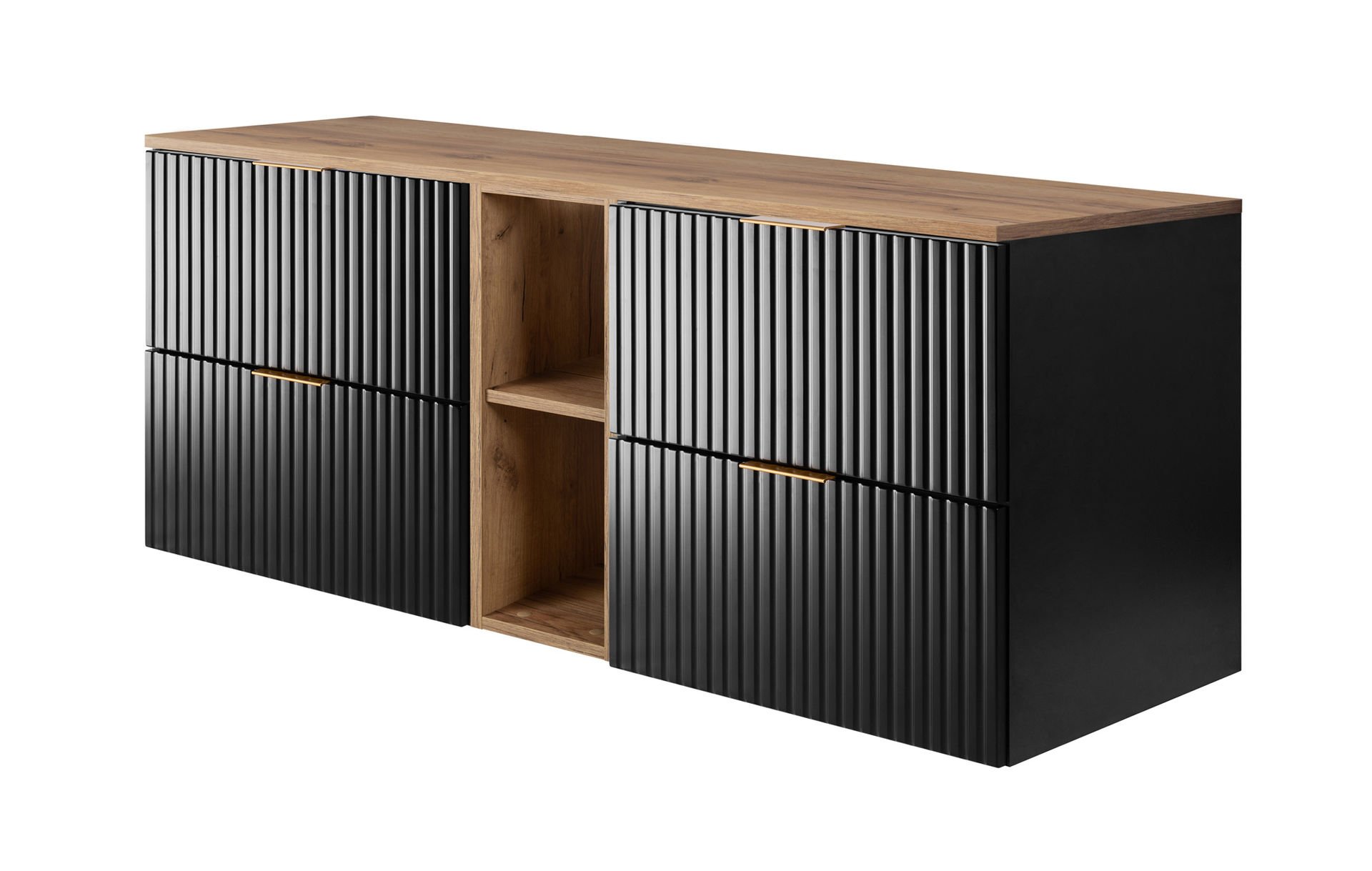 Zestaw mebli łazienkowych Rodan Flow z szafkami podumywalkowymi 60 czarny cm z szafką otwartą i blatem 140 dąb craft