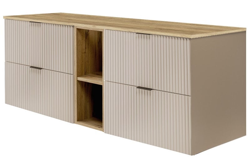 Zestaw mebli łazienkowych Rodan Flow z szafkami podumywalkowymi 60 kaszmir cm z szafką otwartą i blatem 140 dąb craft