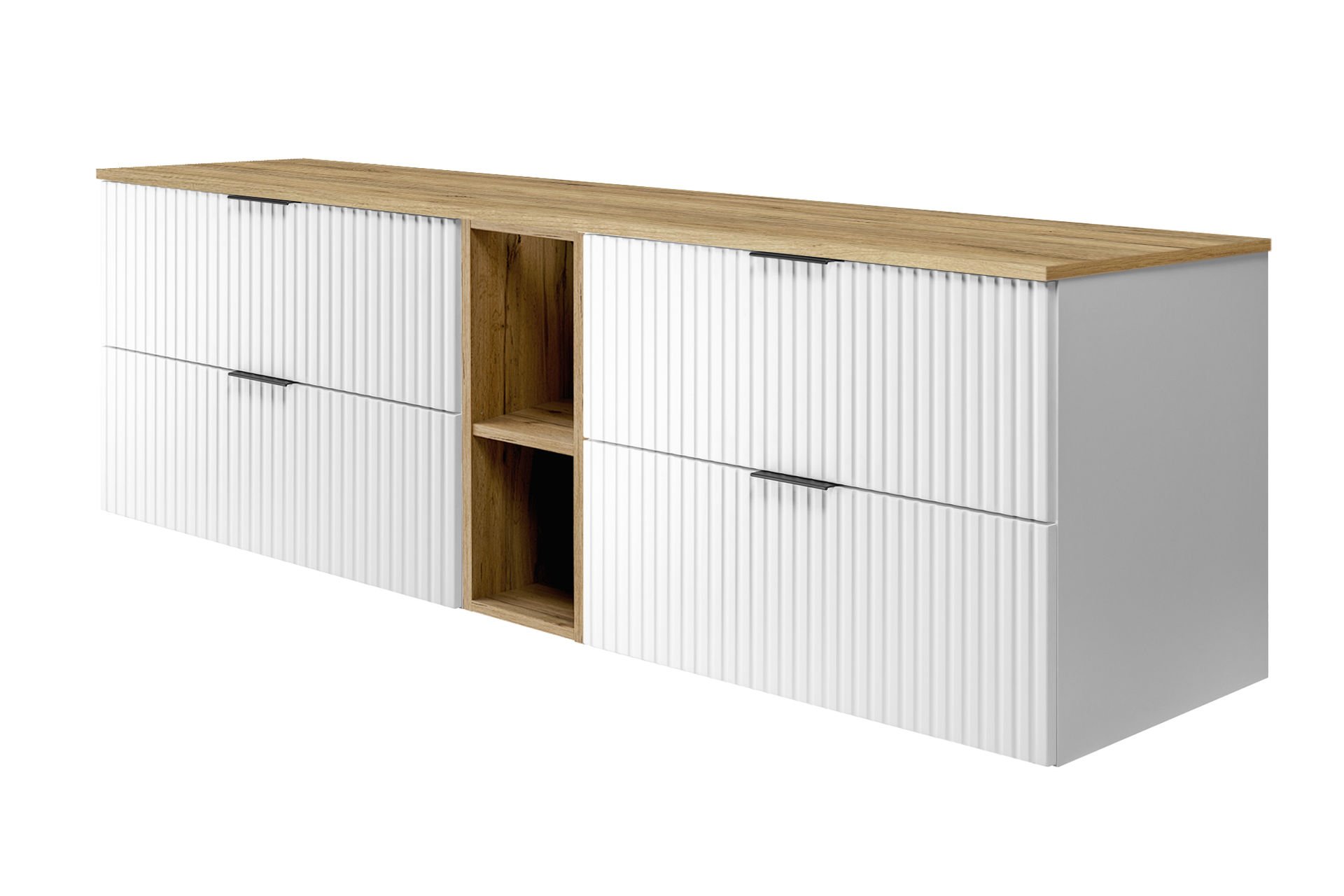 Zestaw mebli łazienkowych Rodan Flow z szafkami podumywalkowymi 80 cm biały z szafką otwartą i blatem 180 cm dąb craft