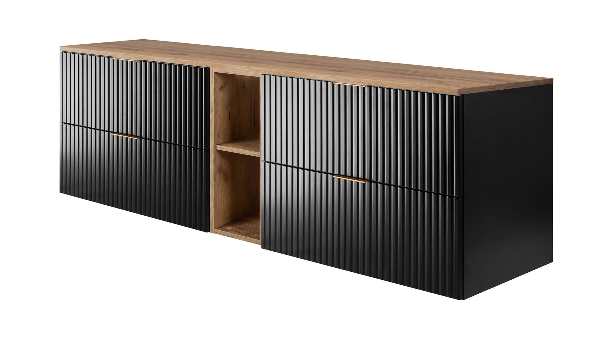 Zestaw mebli łazienkowych Rodan Flow z szafkami podumywalkowymi 80 cm czarny z szafką otwartą i blatem 180 cm dąb craft