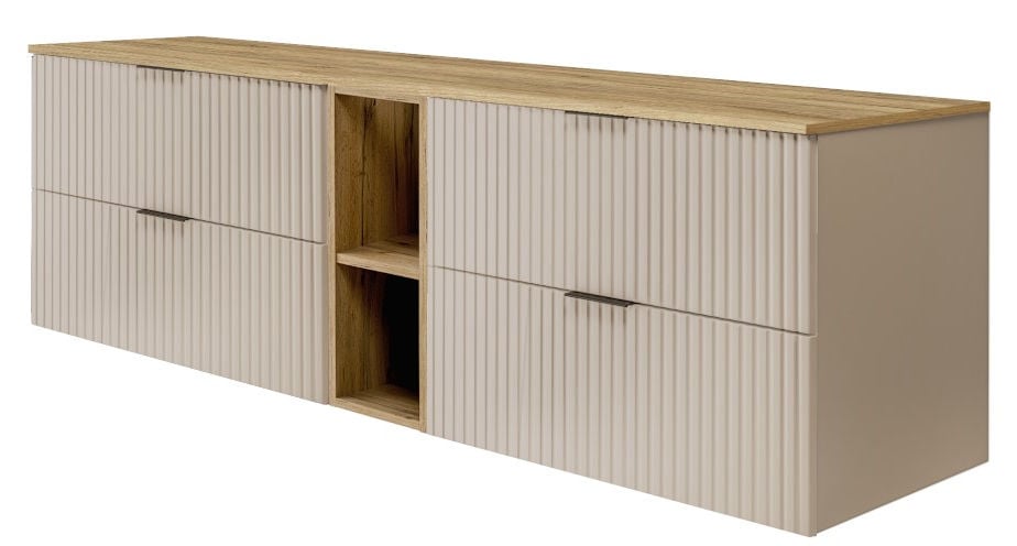 Zestaw mebli łazienkowych Rodan Flow z szafkami podumywalkowymi 80 cm kaszmir z szafką otwartą i blatem 180 cm dąb craft