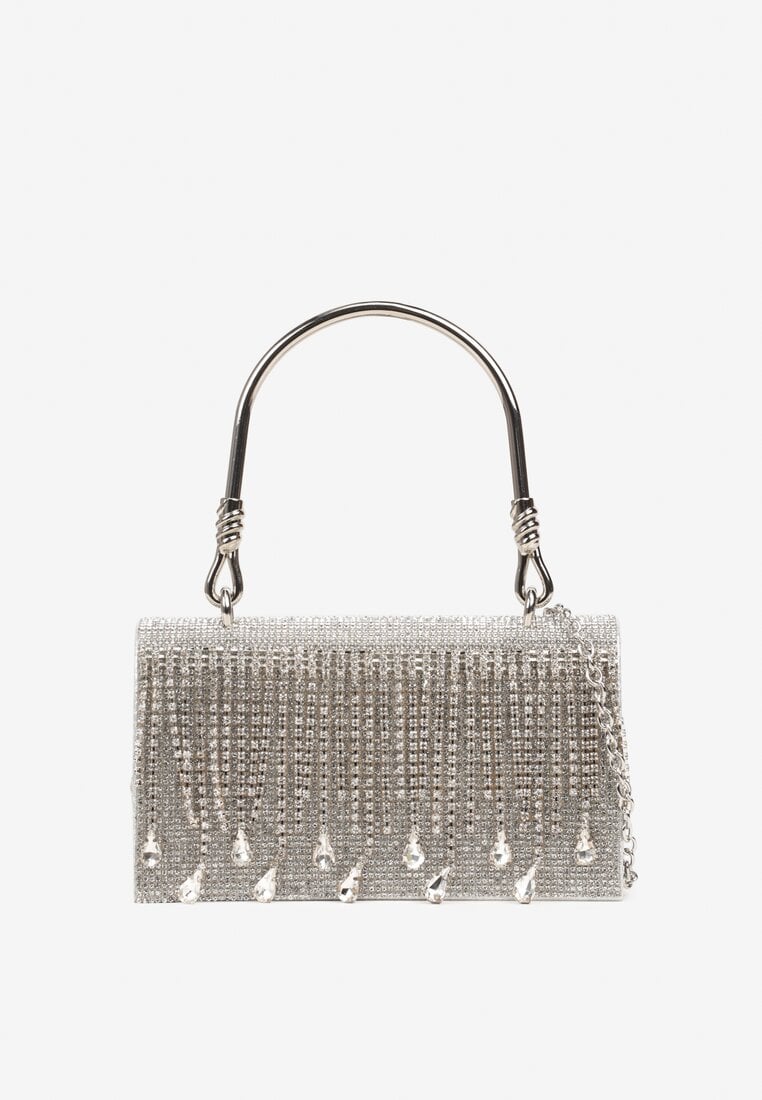 Srebrna Torebka Kopertówka z Rączką i Łańcuszkiem Zdobiona Cyrkoniami Fesalessa