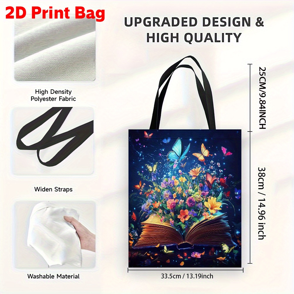 TEMU 1 szt. Magic Book Garden Torebka - Lekka Torba na Ramię z Nadrukiem 2D Strony Książki, Kwiaty i Motyle, Uniseks do Codziennego Użytku i Zakupów,