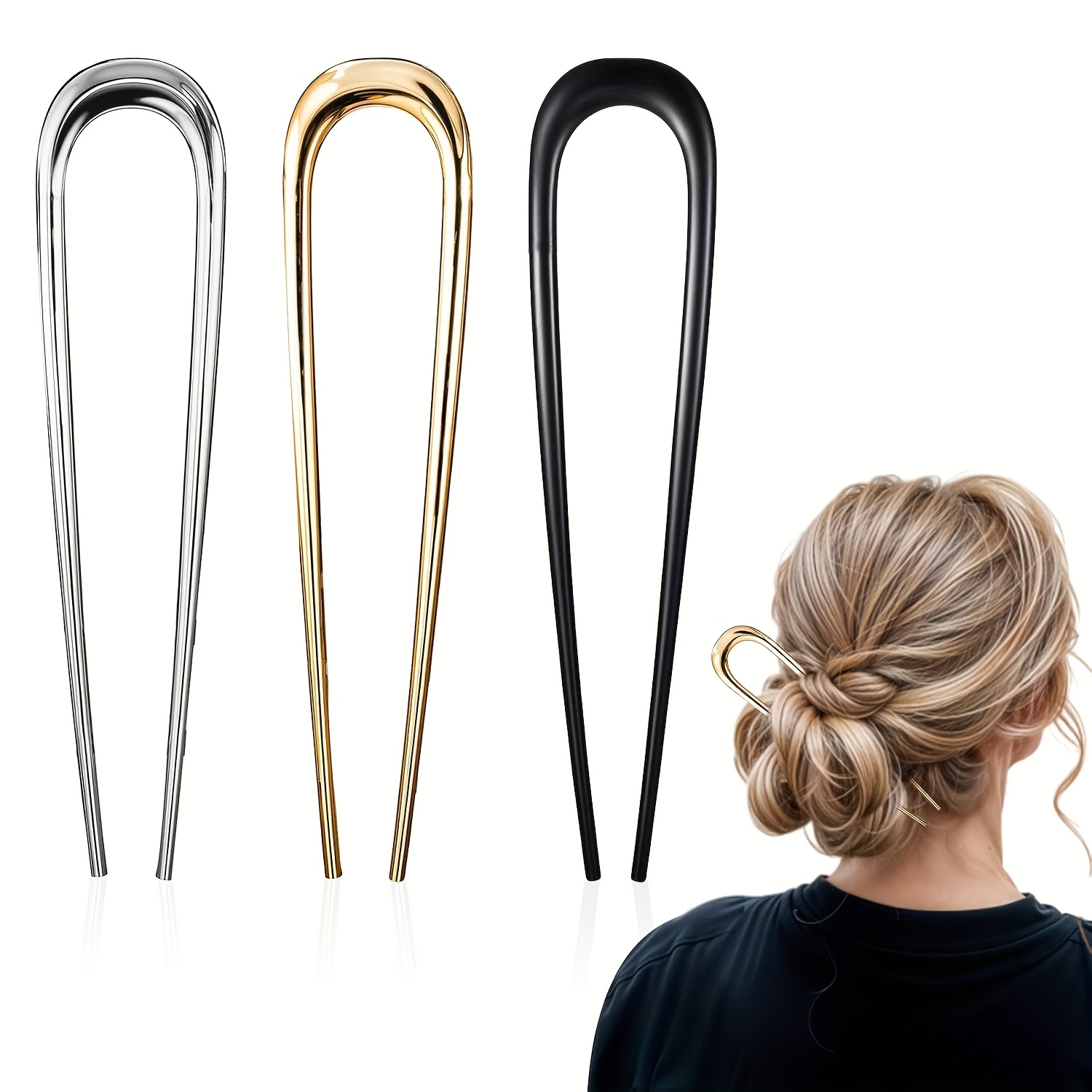 TEMU 3 szt. Duże Spinki do Włosów w Kształcie Litery U, 5.5 Cala, Metalowe, Vintage, Złote i Srebrne, Ciemne Spinki do Koków, Długie i Włosy,