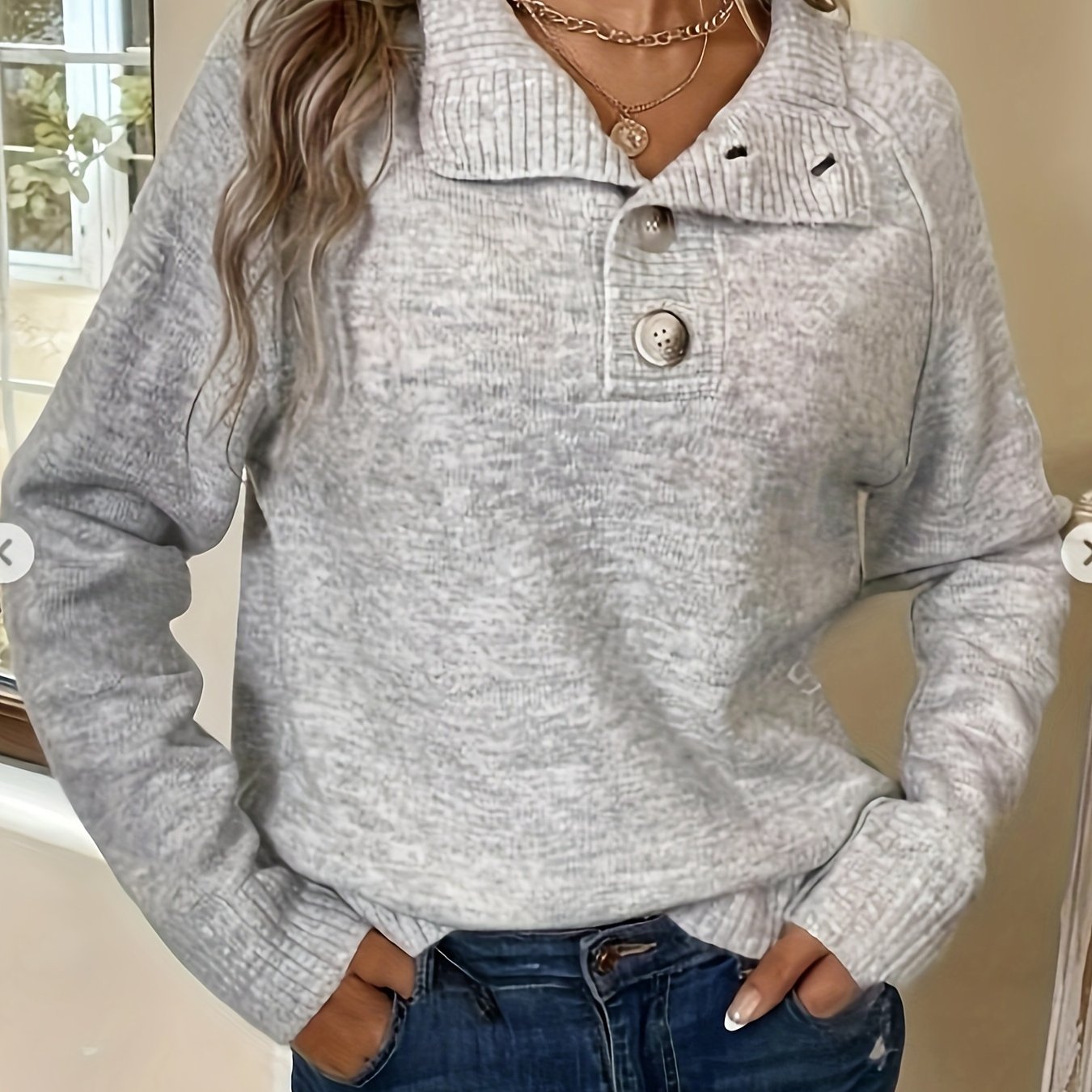 TEMU Damski sweter casualowy - jednokolorowy sweter z długim rękawem i guzikami, z okrągłym kołnierzem, przytulny sweter na jesień/zimę, sweter