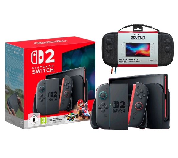 Nintendo Switch 2 Joy-Con Czarny + Mario Kart World + Etui Yaxo Scutum Techno