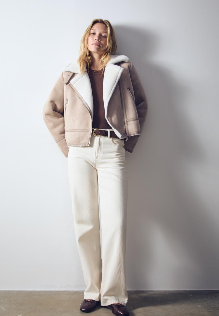 Stradivarius Kurtka ramoneska dwustronna ze sztucznego zamszu Ecru XL