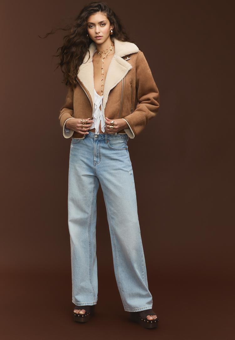 Stradivarius Kurtka ramoneska dwustronna ze sztucznego zamszu Jasny wielbłądzi S