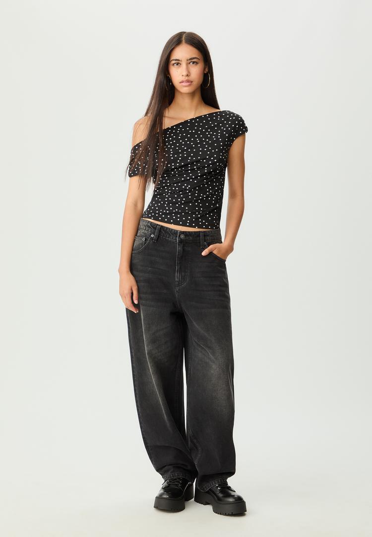 Stradivarius Asymetryczna koszulka w grochy SZARY DENIM XL
