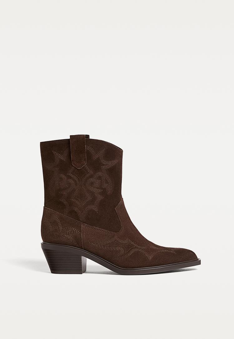 Stradivarius Botki kowbojskie na obcasie z zamszu BRĄZOWY 40