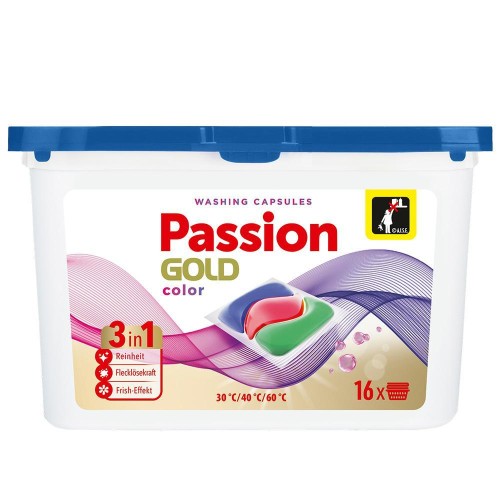 Passion Gold Color 3w1 16 kapsułek – niemieckie kapsułki do prania kolorowych tkanin, skuteczne czyszczenie i ochrona koloru