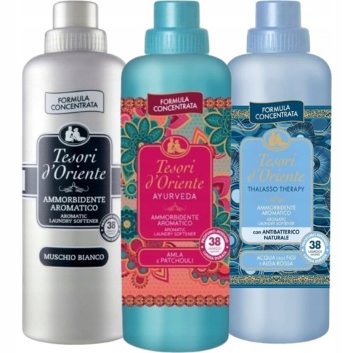 Zestaw 3x Tesori d'Oriente 760 ml – Muschio Bianco, Thalasso Therapy, Ayurveda – luksusowe płyny do kąpieli
