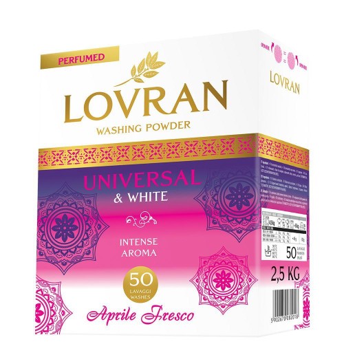 Lovran Universal & White proszek do prania 2,5 kg – do białego i kolorowego, Aprile Fresco, 50 prań, skuteczny na plamy