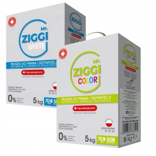 Zestaw 2x Mr. ZIGGI 70 prań – Color + White, 2×5 kg, proszki do prania i dezynfekcji, hipoalergiczne, bakteriobójcze, grzybobójcze