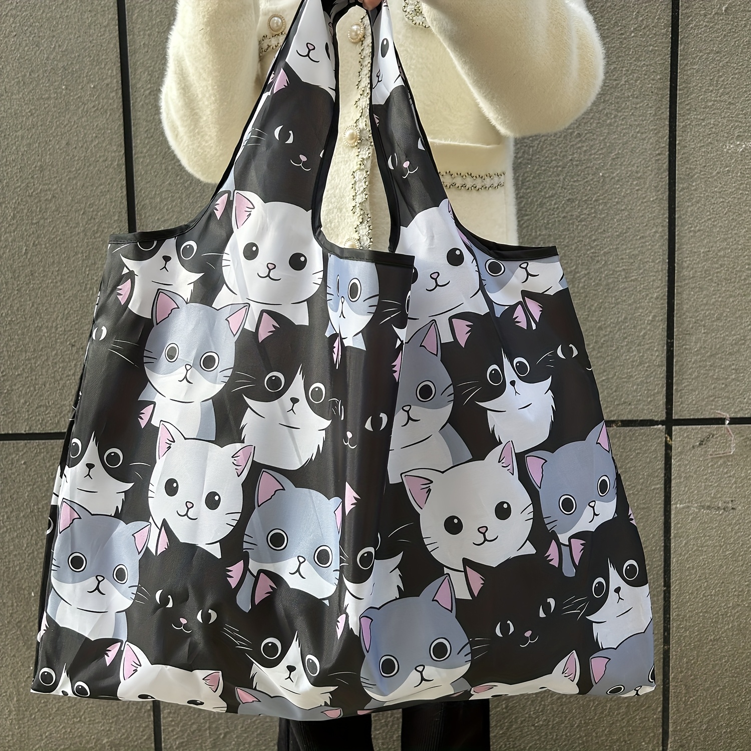 TEMU Lekka SkﾅＢdana Torba Tote dla Kobiet z Uroczym Nadrukiem Kota - WytrzymaﾅＺ Nylon, Duﾅｼa Pojemnoﾅ崙�, Pasek na Ramiﾄ�, Idealna na Zakupy, do Kuchni